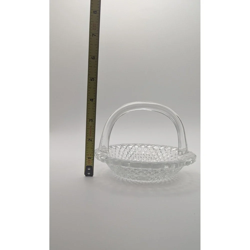 Vintage Clear Manganese Glass Basket Handled Candy Dish UV Glow Starburst